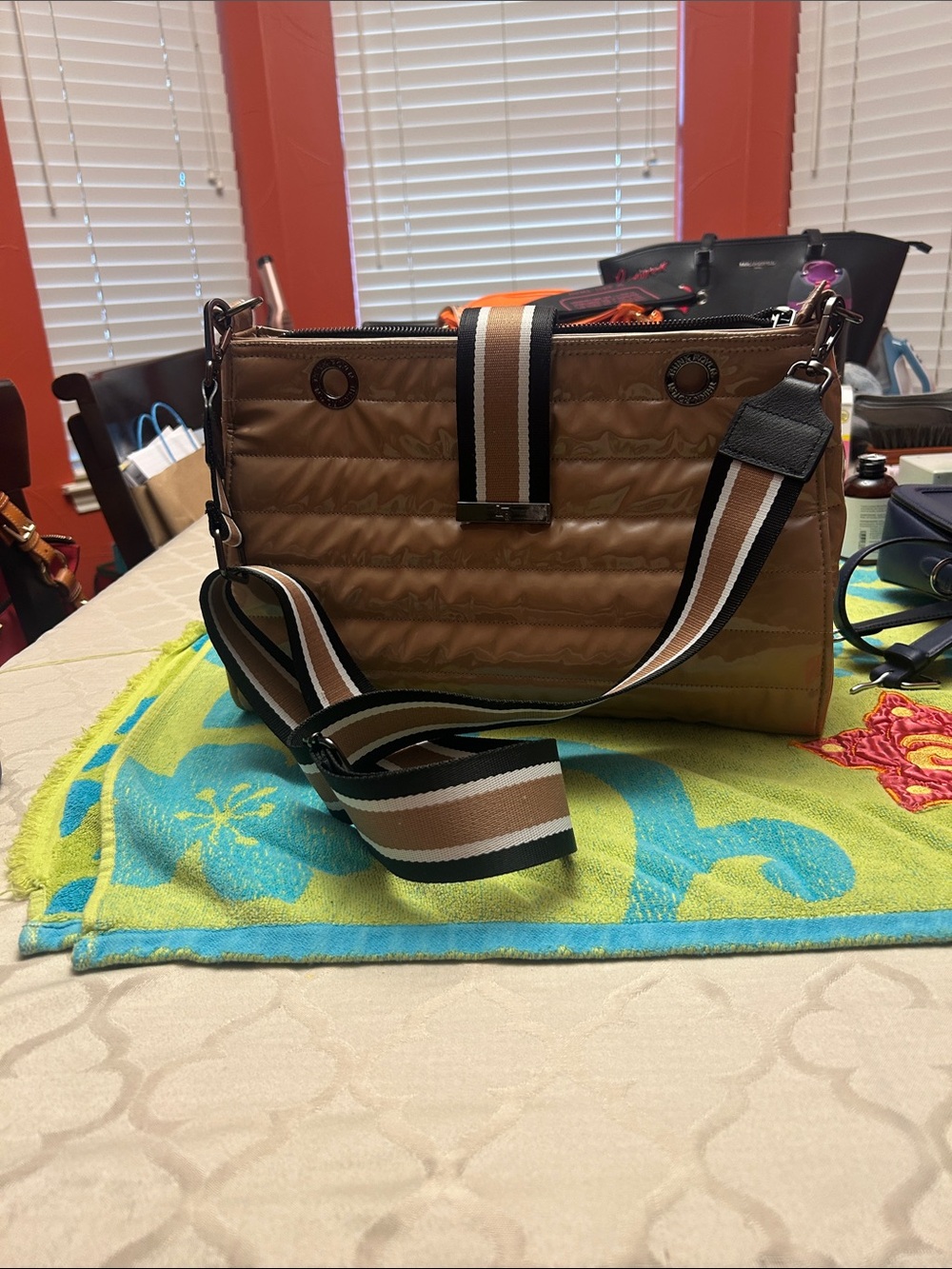 THINK ROYLN Quilted Tan Shoulder Bag with Striped Strap
